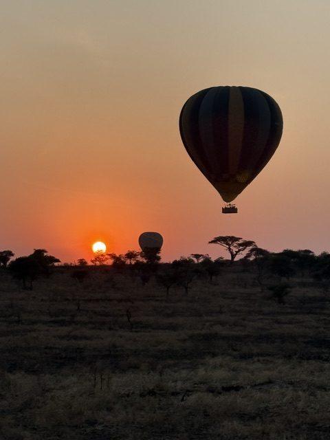 Zwei Heißluftballons schweben bei Sonnenaufgang über der Serengeti